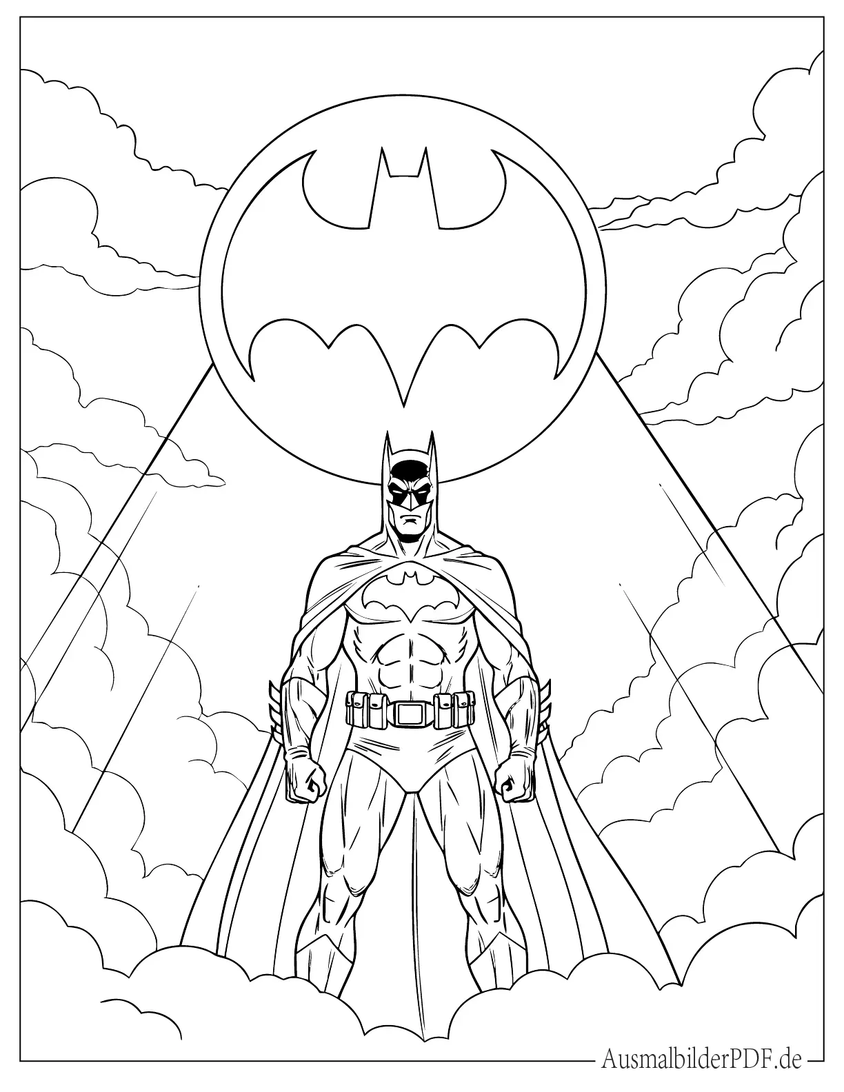 Detailreiche Batman Malvorlage mit Bat Signal am Nachthimmel, perfekt für Kinder zum Ausdrucken und Ausmalen.