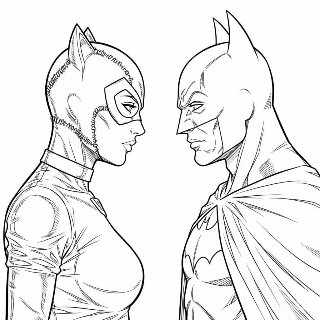 Batman und Catwoman Ausmalbild gemeinsam zum Ausdrucken und Ausmalen für Kinder