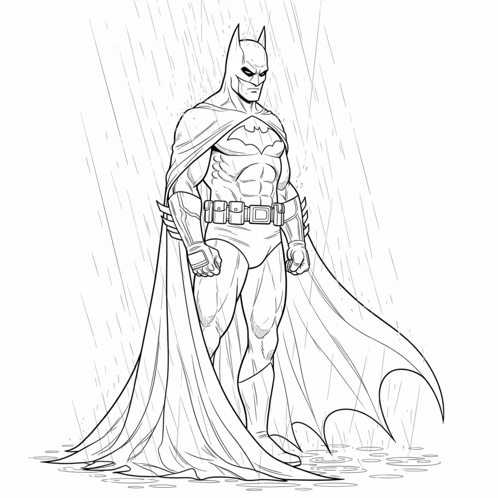 Batman Ausmalbild mit Batman im Regen zum Ausdrucken und Ausmalen für Kinder