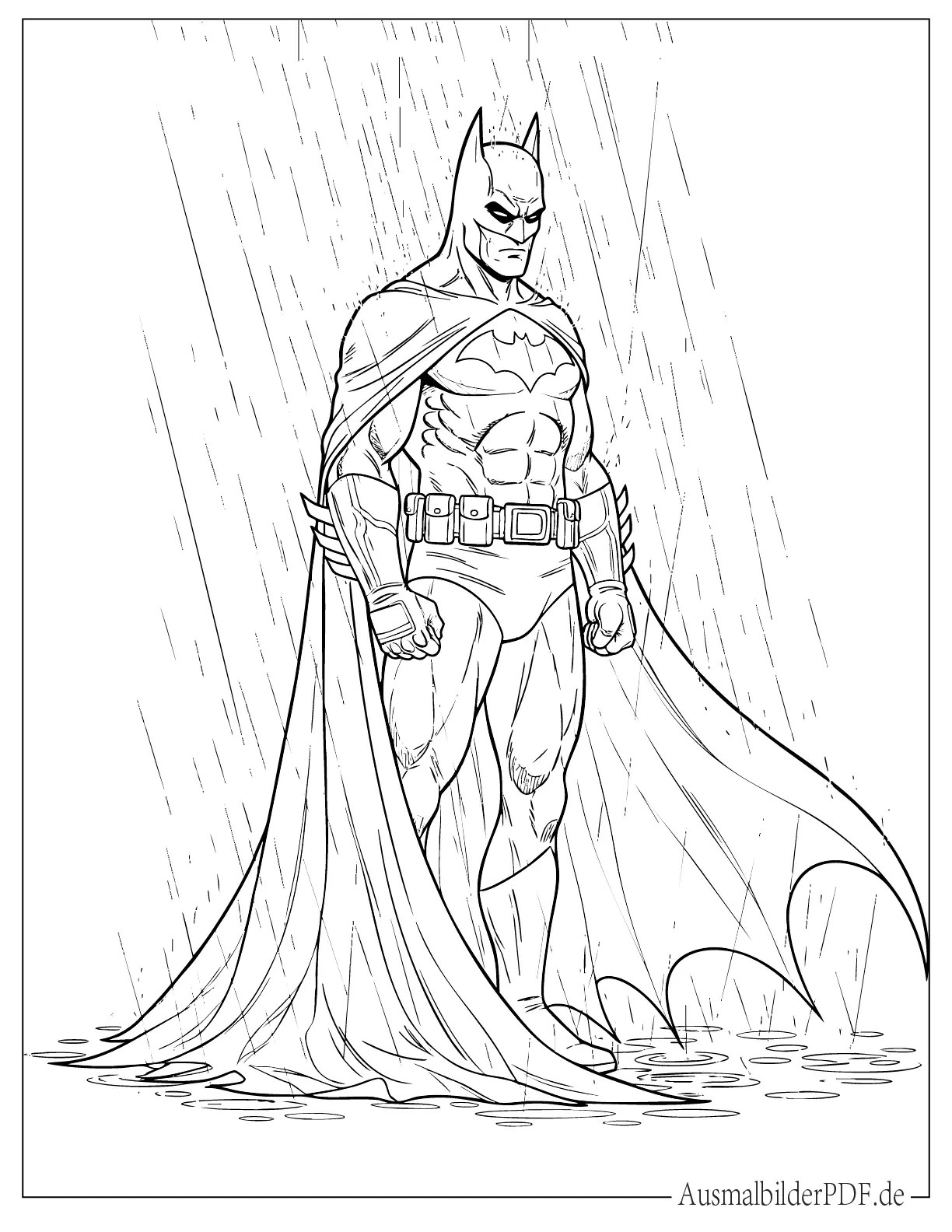 Batman steht in einer düsteren Regennacht auf einem Dach, während Regentropfen die Stadt darunter bedecken und eine dramatische Stimmung erzeugen.