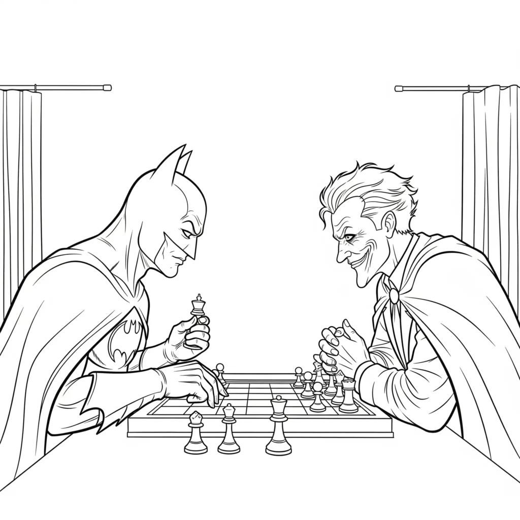 Batman und Joker beim Schachspiel Ausmalbild zum Ausdrucken und Ausmalen für Kinder