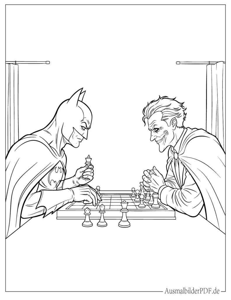 Batman und Joker beim Schachspiel Ausmalbild zum Ausdrucken und Ausmalen für Kinder