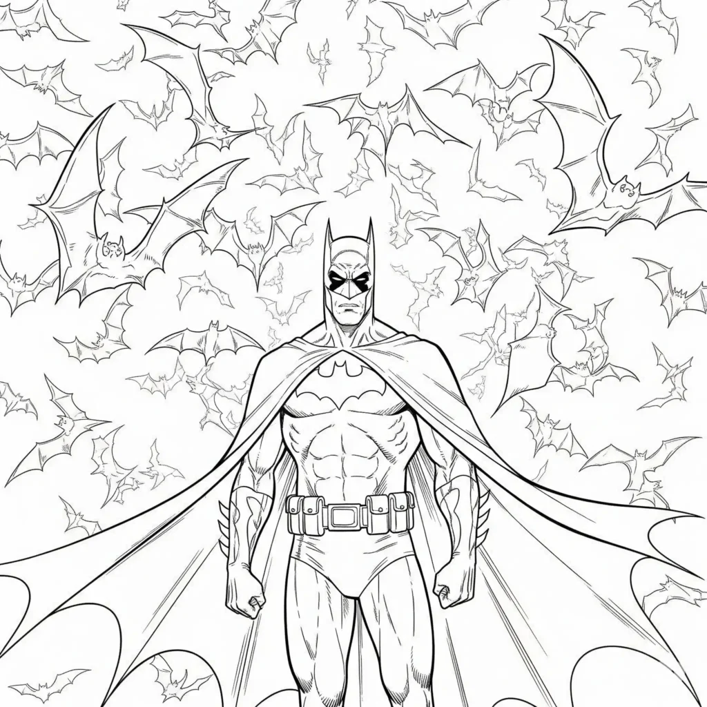 Batman Ausmalbild mit Fledermäusen zum Ausdrucken und Ausmalen für Kinder