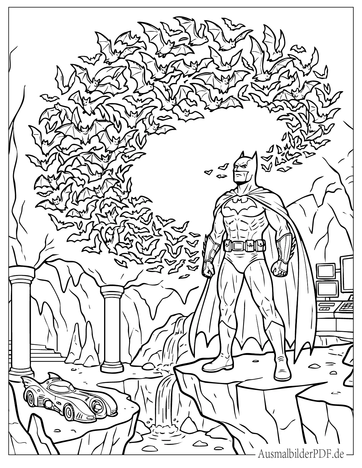 Batman steht auf einem Dach, während mehrere Fledermäuse um ihn herum durch die Nacht fliegen und eine geheimnisvolle Gotham-Szene bilden.