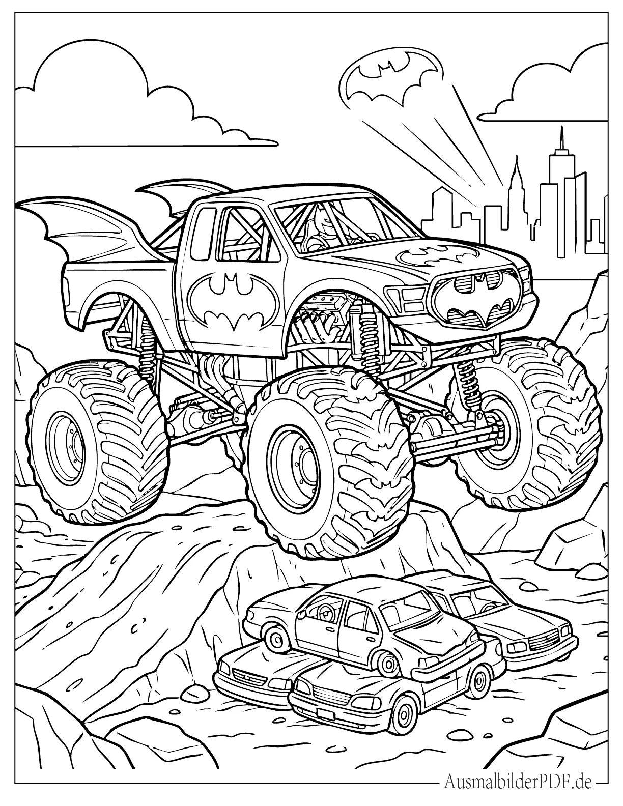 20 MonsterTruck Ausmalbilder (Gratis Vorlagen zum drucken) Batman Monstertruck springt über Autos Malvorlage