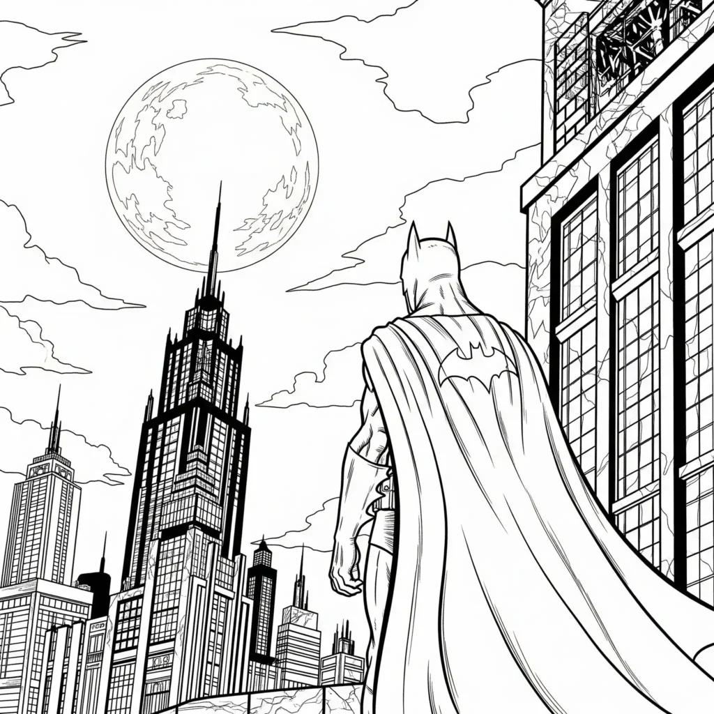 Batman Malvorlage mit Batman, der nachts auf einem Dach steht, zum Ausdrucken und Ausmalen
