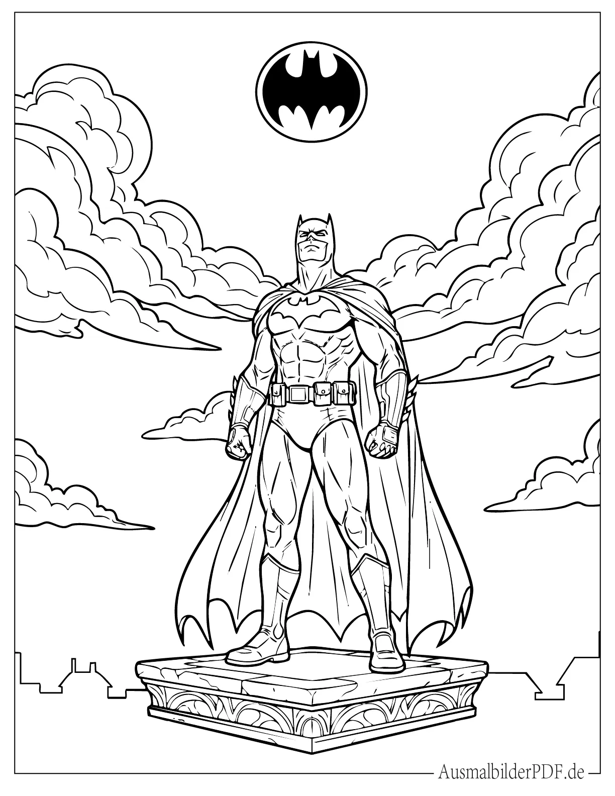 Batman steht auf einem Dach und blickt aufmerksam zum leuchtenden Signal am nächtlichen Himmel.
