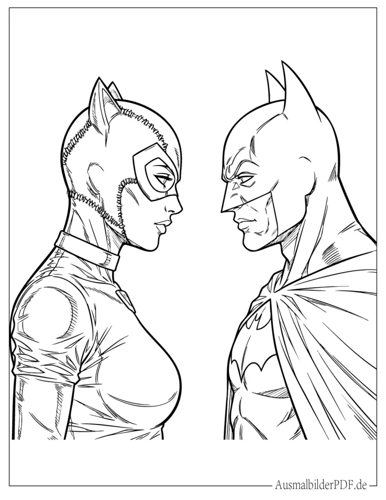 Batman und Catwoman stehen gemeinsam in einer actionreichen Szene mit Comic Stil und vielen Details zum kreativen Ausmalen.