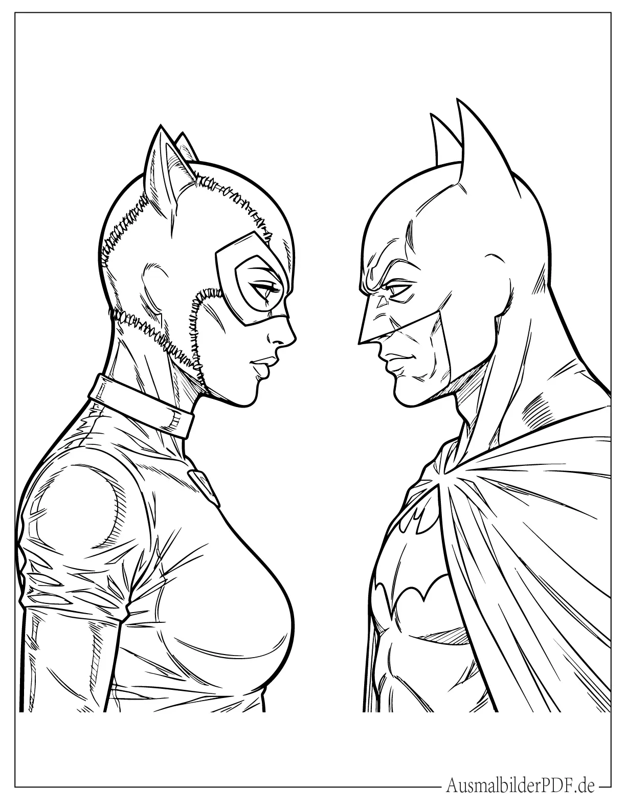 Batman und Catwoman stehen gemeinsam in einer actionreichen Szene mit Comic Stil und vielen Details zum kreativen Ausmalen.