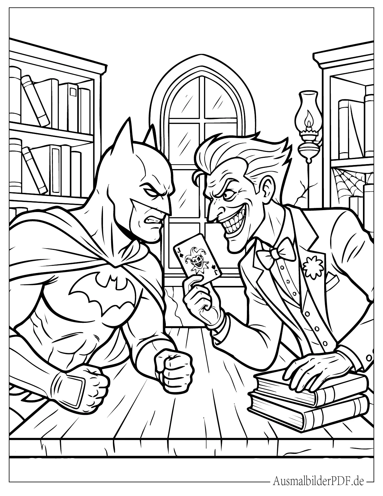 Spannendes Ausmalbild von Batman und Joker Gesicht zu Gesicht, ideal für ältere Kinder zum Ausdrucken und Ausmalen.