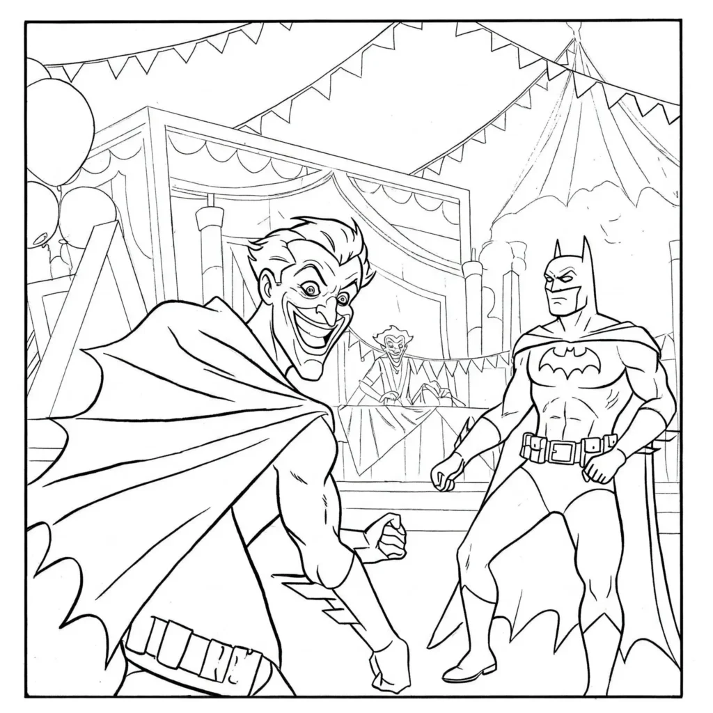 Batman und Joker Ausmalbild auf einem Karneval mit Lichtern, Festwagen und dramatischer Konfrontation