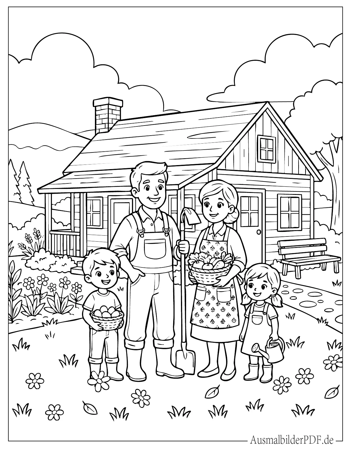 30+ Bauernhof Ausmalbilder (Gratis Malvorlagen zum Drucken) Bauernfamilie steht vor ihrem Bauernhaus Ausmalbild