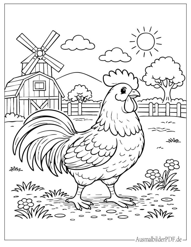 Druckvorlage eines Bauernhof-Hahns zum Ausmalen, ideal für Kinder, zum Ausdrucken und kreativen Spaß zuhause.