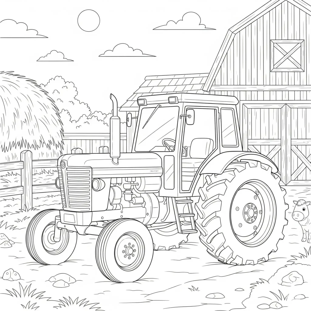 Ausmalbild eines Traktors auf dem Bauernhof im Hofbereich, perfekt zum Ausdrucken und Ausmalen für Kinder