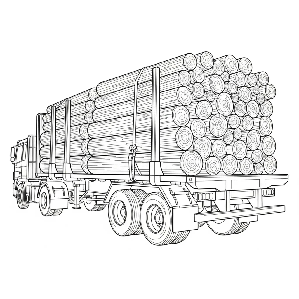 Ausmalbild eines LKWs mit voller Ladung auf der Ladefläche, passend für Kinder als einfache LKW Malvorlage zum Ausmalen