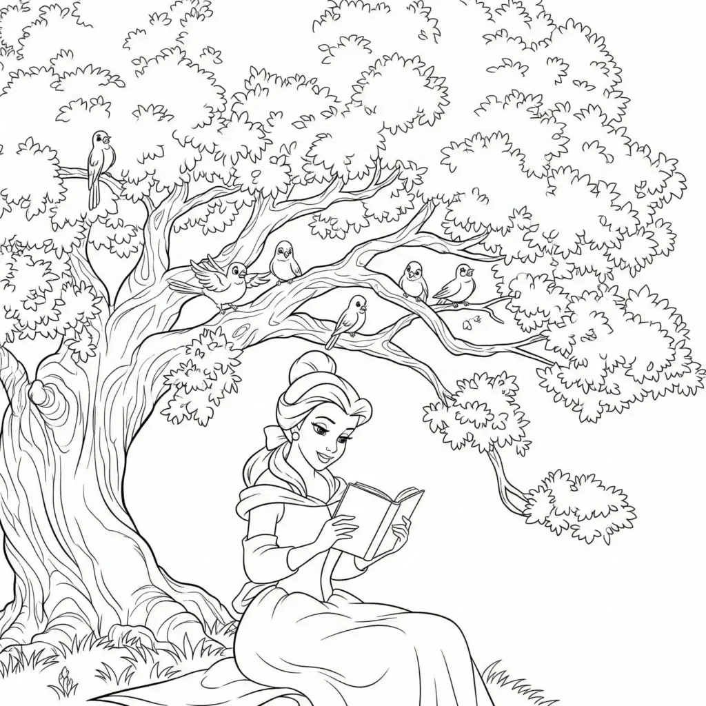 Belle Ausmalbilder (Disney Prinzessin Malvorlage Drucken) Belle Ausmalbild zeigt eine freundliche Prinzessin die entspannt unter einem schattigen Baum sitzt ein Buch liest und eine ruhige Märchenszene zum Ausmalen für Kinder bietet