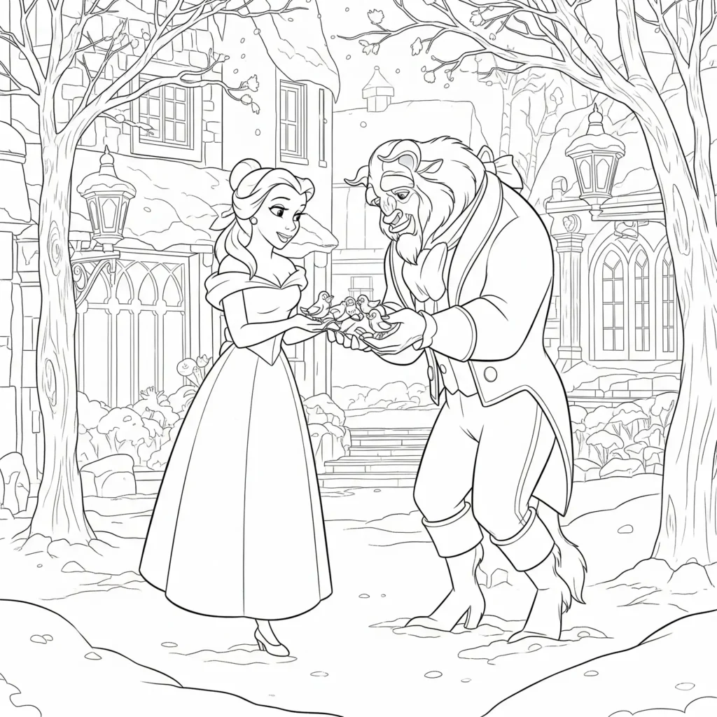 Belle Ausmalbilder (Disney Prinzessin Malvorlage Drucken) Dieses Ausmalbild zeigt Belle als Disney Prinzessin in ihrem eleganten Kleid wie sie freundlich lächelt eine zauberhafte Szene zum Ausmalen für Kinder die Märchen lieben