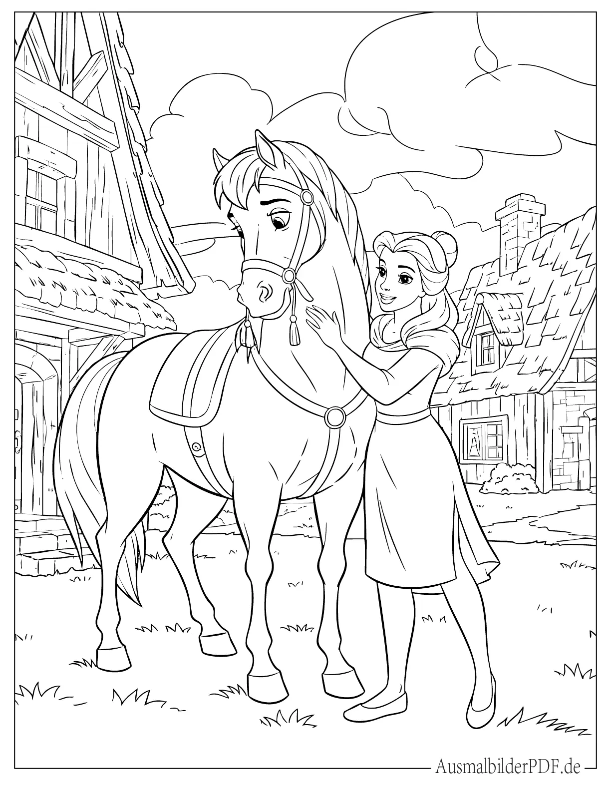 Prinzessin Belle mit Philippe, dem Pferd Malvorlage