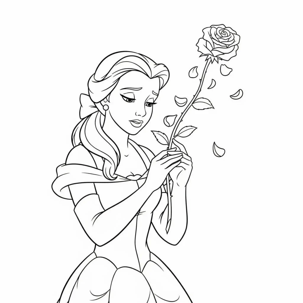 Belle Ausmalbilder (Disney Prinzessin Malvorlage Drucken) Dieses Ausmalbild zeigt Belle die aufmerksam die sanft fallenden Rosenblätter betrachtet eine friedliche und märchenhafte Szene zum Ausmalen die Kinder kreativ gestalten können