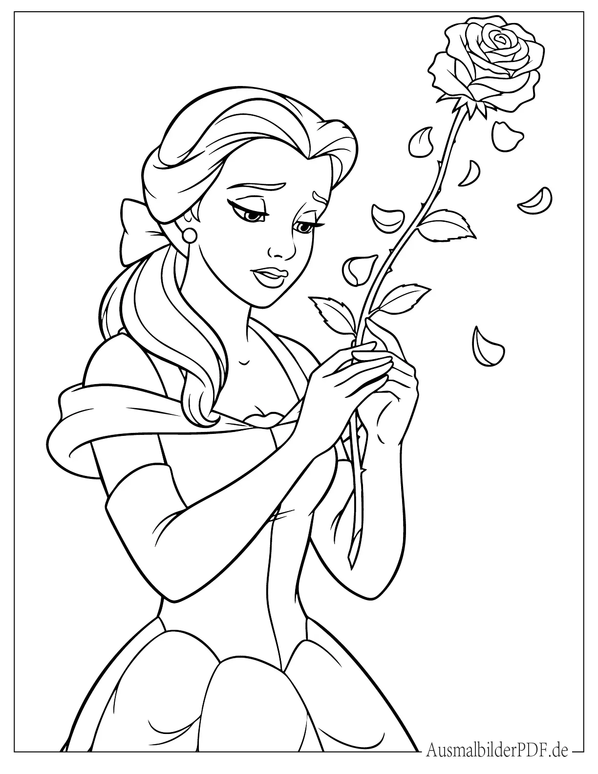 Prinzessin Belle sieht zu, wie die Rosenblätter fallen Ausmalbild