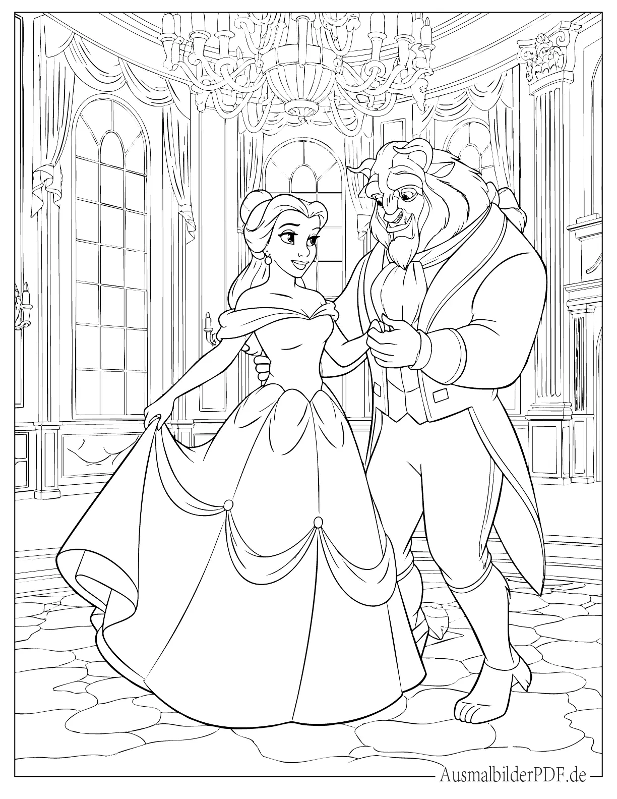 Prinzessin Belle tanzt mit dem Biest zum Ausmalen