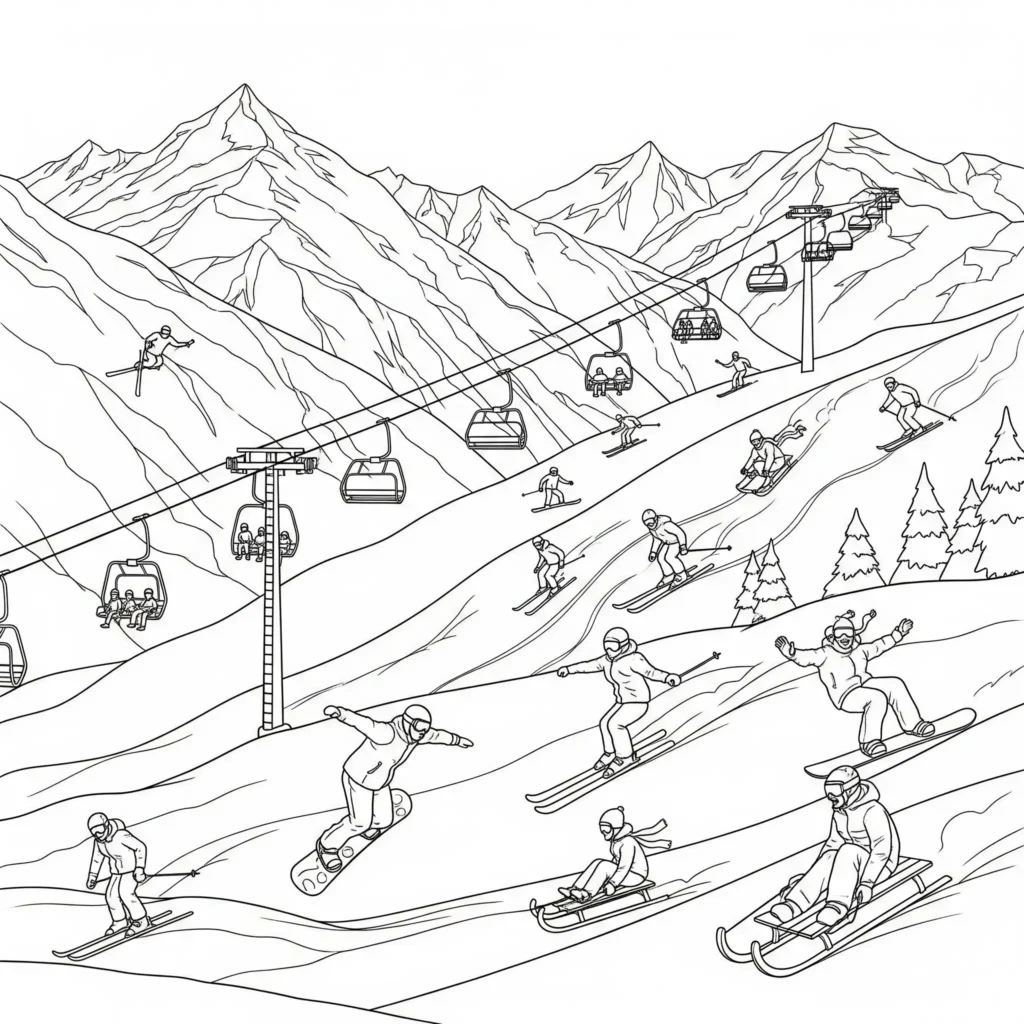 20+ Ausmalbilder Winter (Kostenlos Malvorlage zum Ausdrucken) Ausmalbild mit hohen Winterbergen, einem fahrenden Skilift und Kindern, die fröhlich auf Schlitten den Hang hinunterrutschen. Perfekt als Wintermotiv zum Drucken.