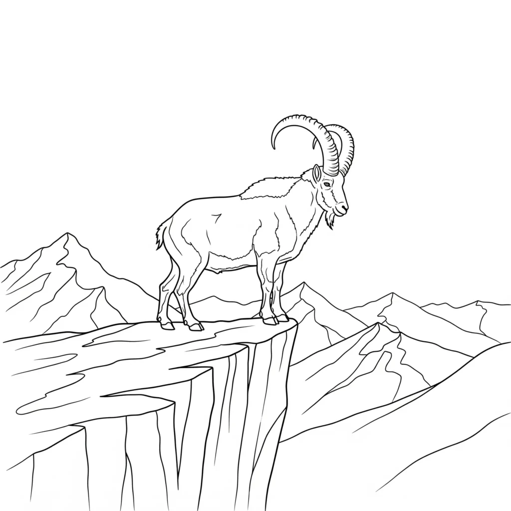Ziegen ausmalbild zeigt eine bergziege mit hörnern die stolz auf einem steinigen felsvorsprung steht als pdf vorlage zum ausdrucken geeignet