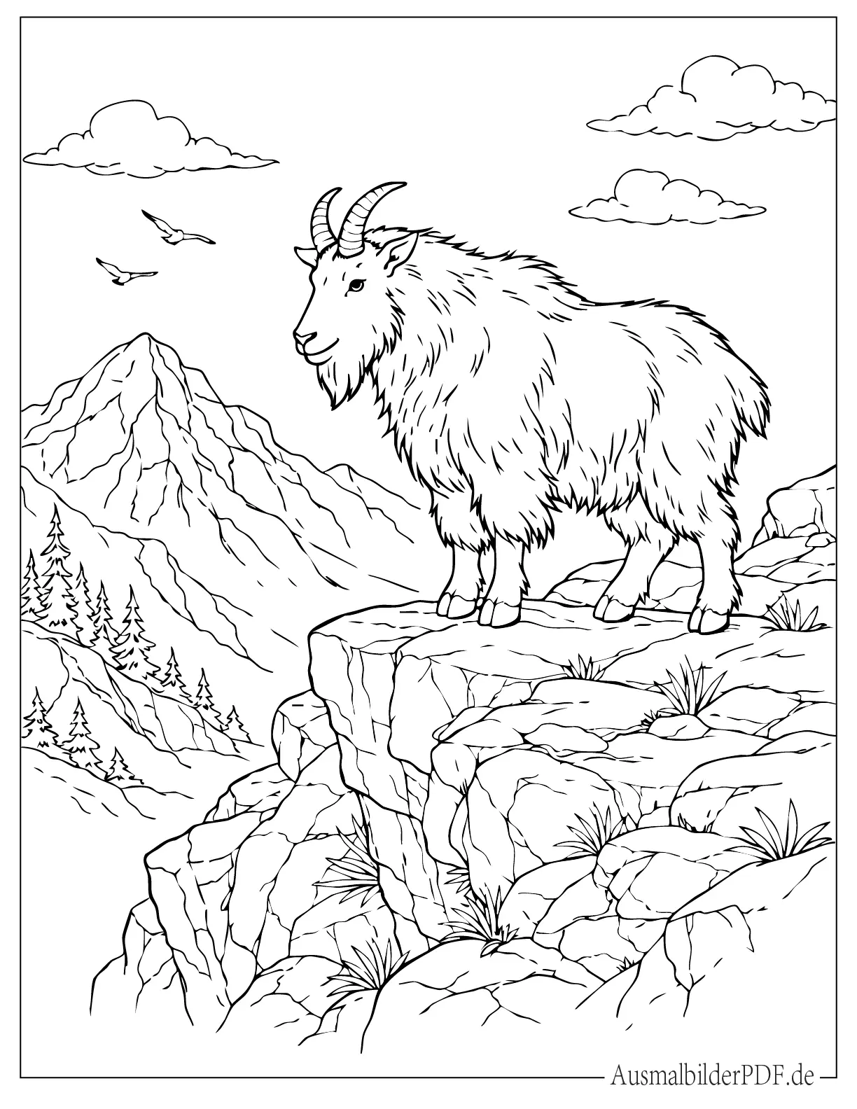 Bergziege auf Felsen Ausmalblatt