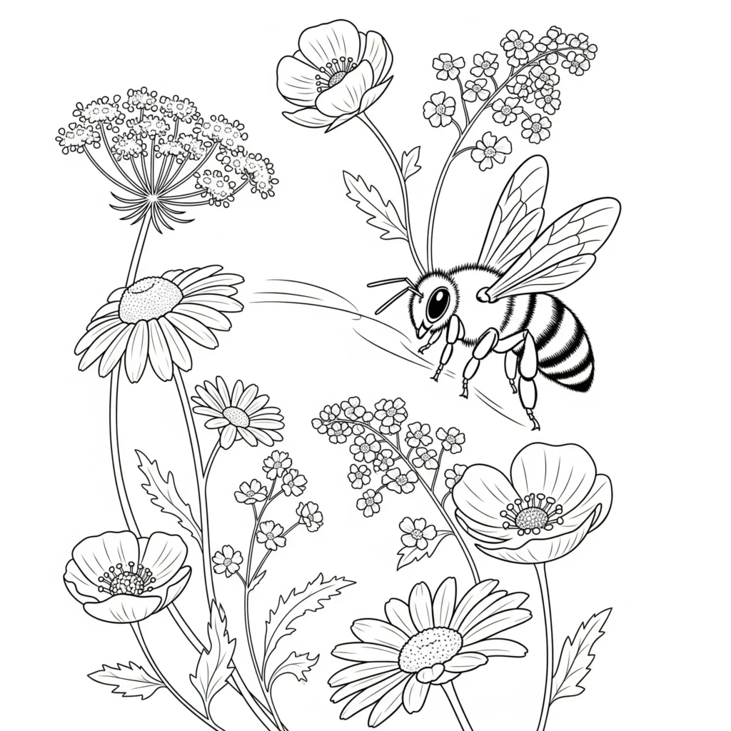 30+ Blumen Ausmalbilder (Gratis Malvorlage zum Ausdrucken) Ausmalbild mit einer Biene, die von Blume zu Blume fliegt, als PDF zum Ausdrucken für Kinder geeignet