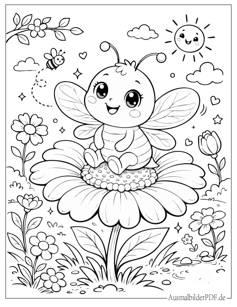 Malvorlage einer Biene auf einer Blume, ideal für Kinder zum Ausdrucken und Ausmalen
