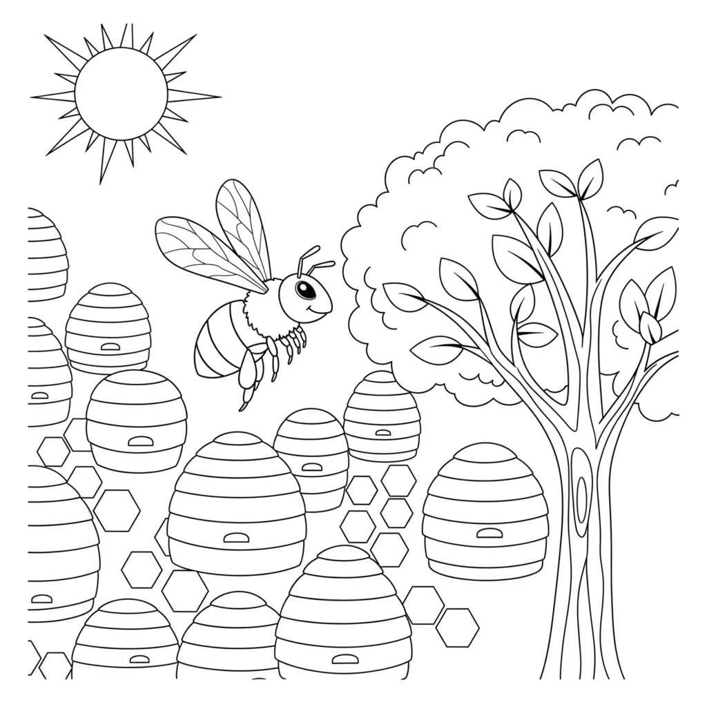 Ausmalbild zeigt eine Biene, die um einen Bienenstock fliegt, passend zum Frühling und ideal zum Ausdrucken und Ausmalen für Kinder