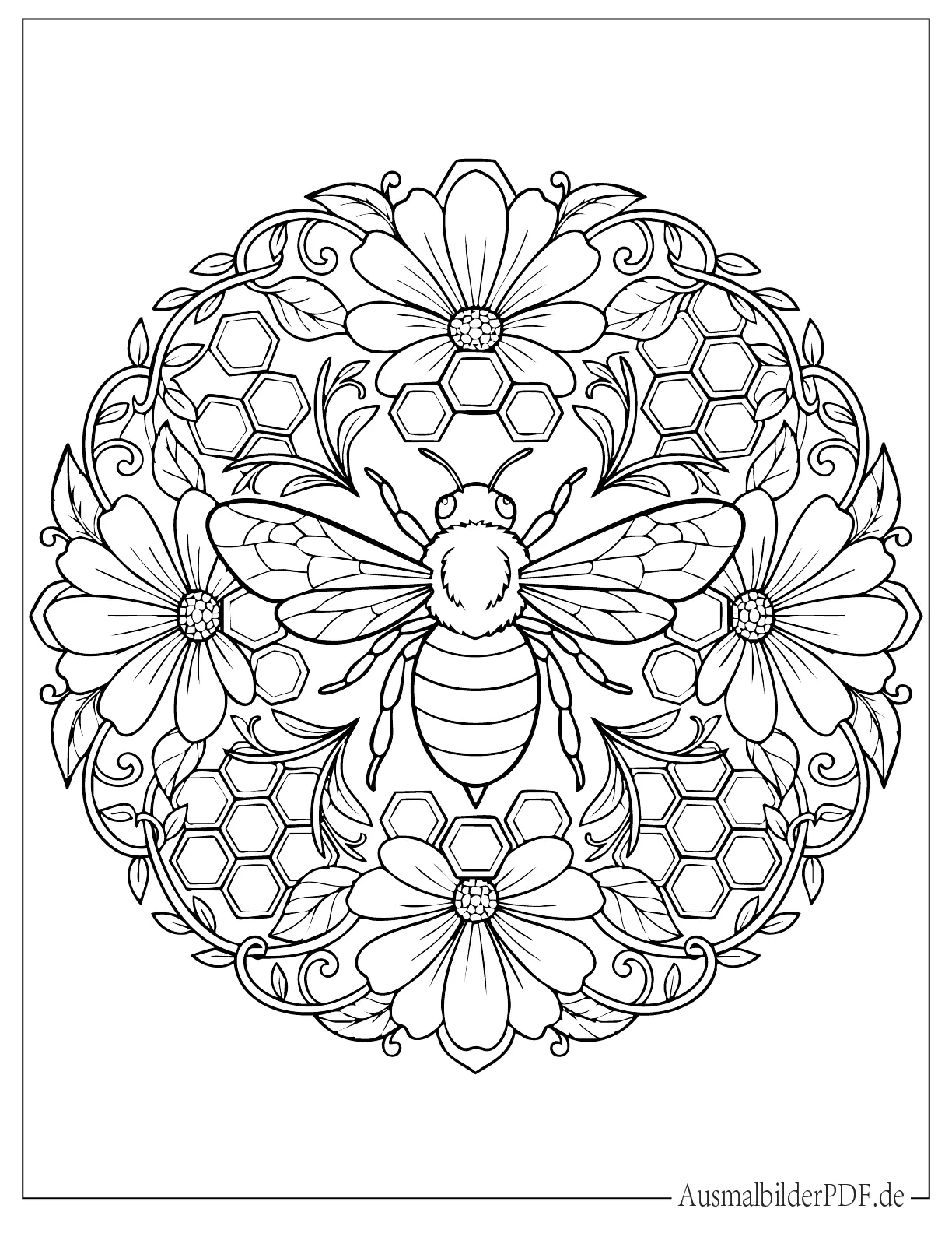 Biene im Mandala aus Blumen und Blättern Malvorlage