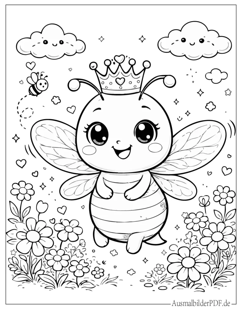Ausmalvorlage einer Bienenkönigin mit Krone, perfekt für Kinder zum Ausdrucken und Ausmalen