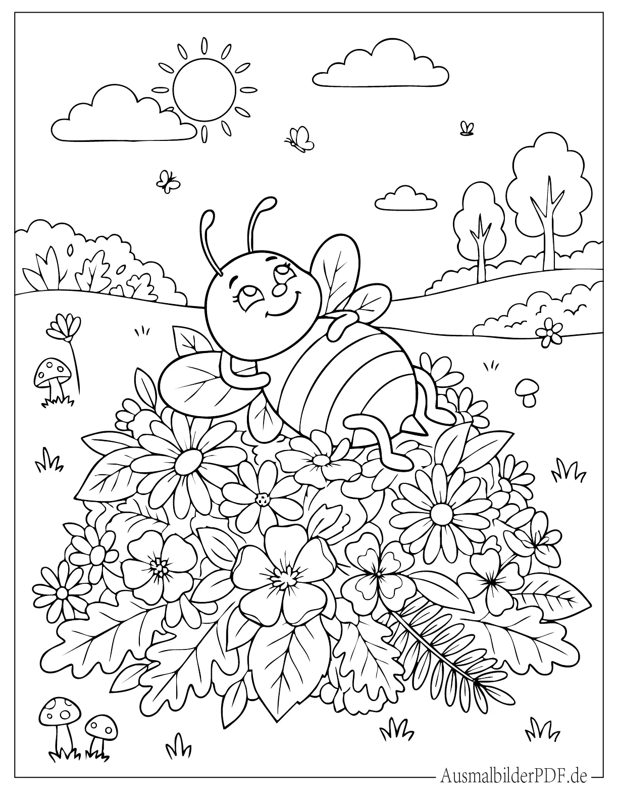 Biene liegt auf einem Haufen aus Blumen und Blättern Ausmalbild
