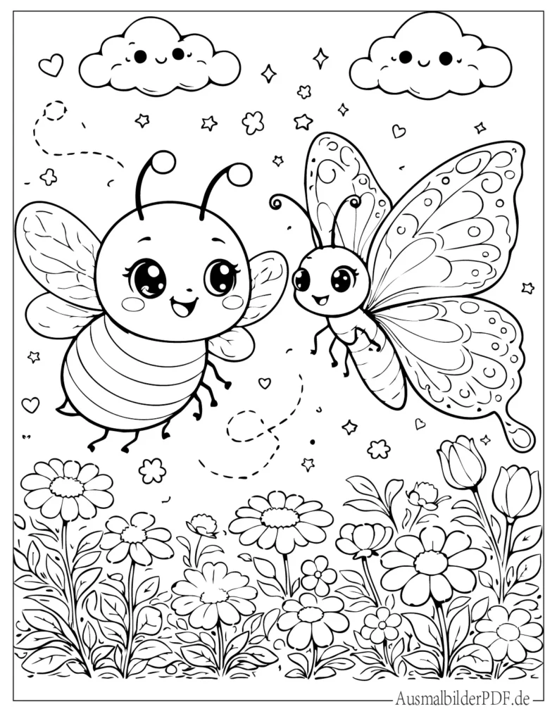 Ausmalbild von einer Biene, die neben einem Schmetterling fliegt, ideal für Kinder zum Ausdrucken