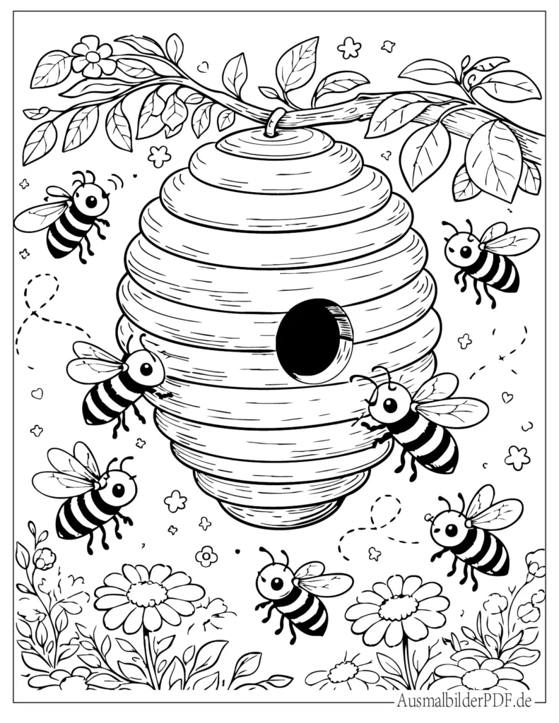 Ausmalblatt mit Bienen, die um einen Bienenstock fliegen, ideal für Kinder zum Ausdrucken