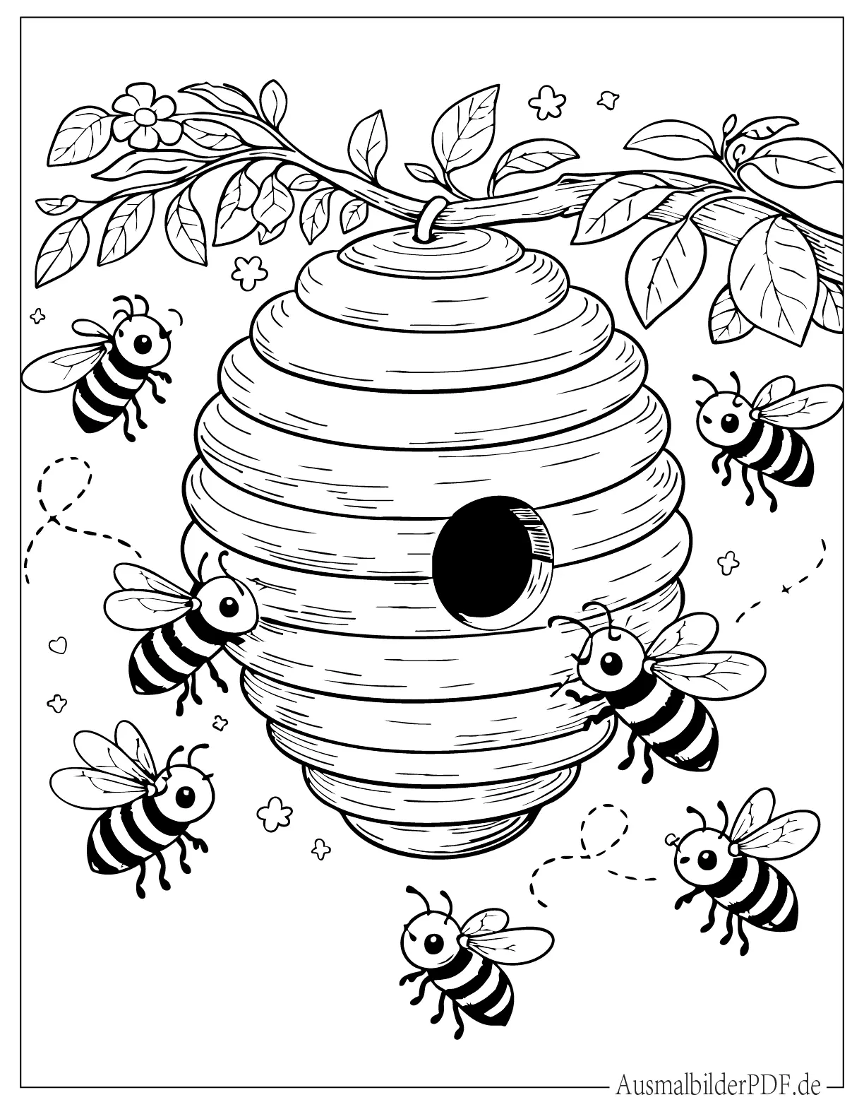 Bienen fliegen im Bienenstock zum Ausmalen