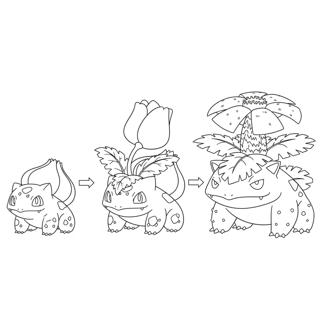Ausmalbild mit bisasam, bisaknosp und bisaflor in einer reihe – ideal zum ausdrucken als pdf für fans, die die entwicklung der pokemon malen möchten