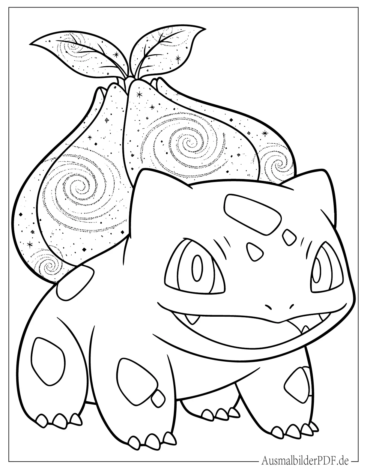 Ausmalbild von Pokemon Bisasam mit Galaxie Muster Zwiebel