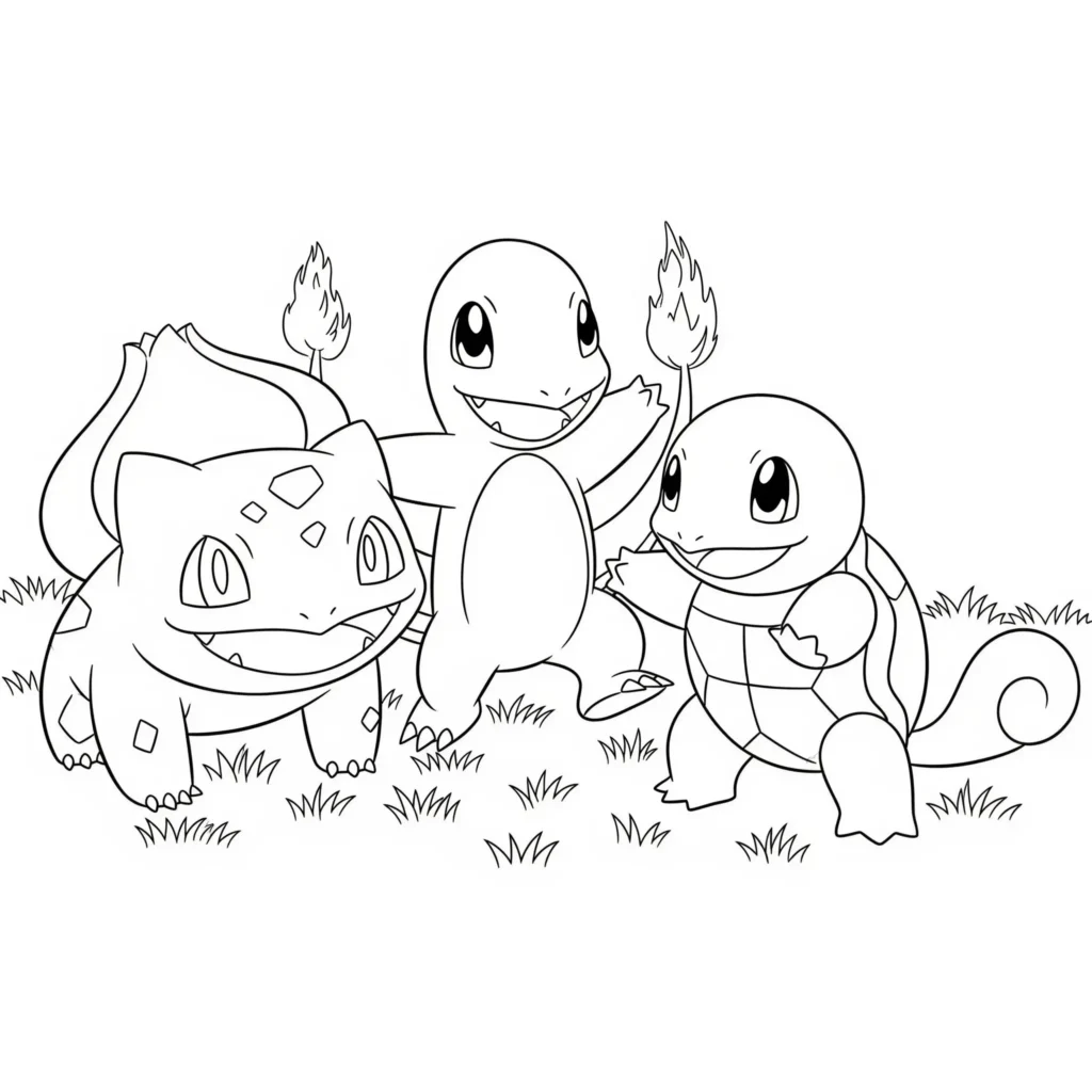 Bisasam spielt mit glumanda und schiggy auf diesem ausmalbild – eine pdf vorlage zum ausdrucken für kinder, die spaß an den starter-pokemon haben