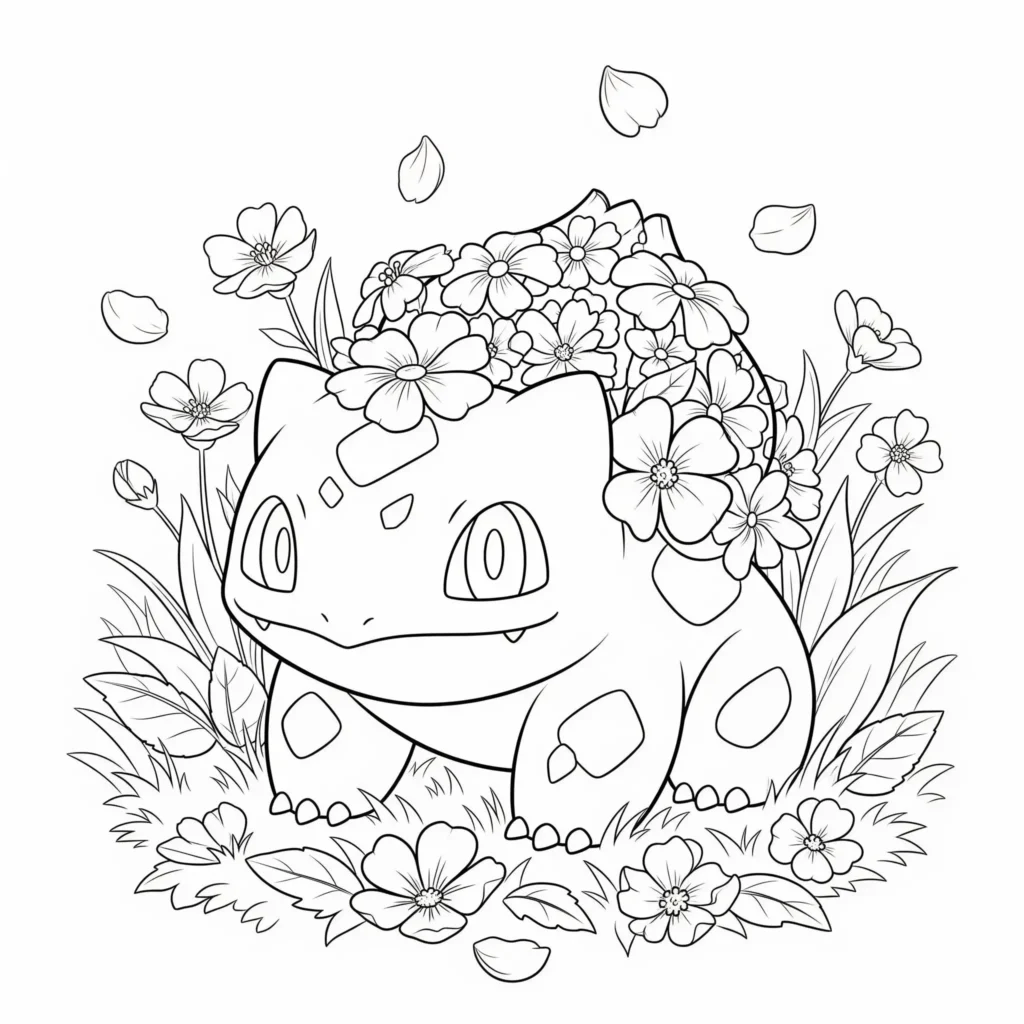Bisasam mit blumen, die aus seiner knospe wachsen – ein liebevoll gestaltetes ausmalbild als pdf für kinder und erwachsene zum ausdrucken