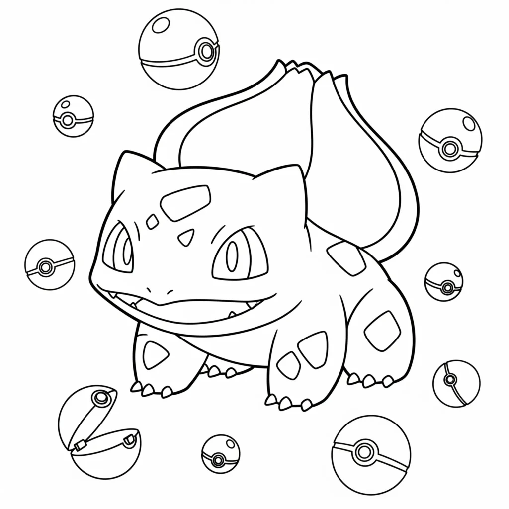 Dieses bisasam ausmalbild zeigt das beliebte Pokémon umgeben von verschiedenen pokébällen – perfekt für kinder, die pokémon lieben und gern malen