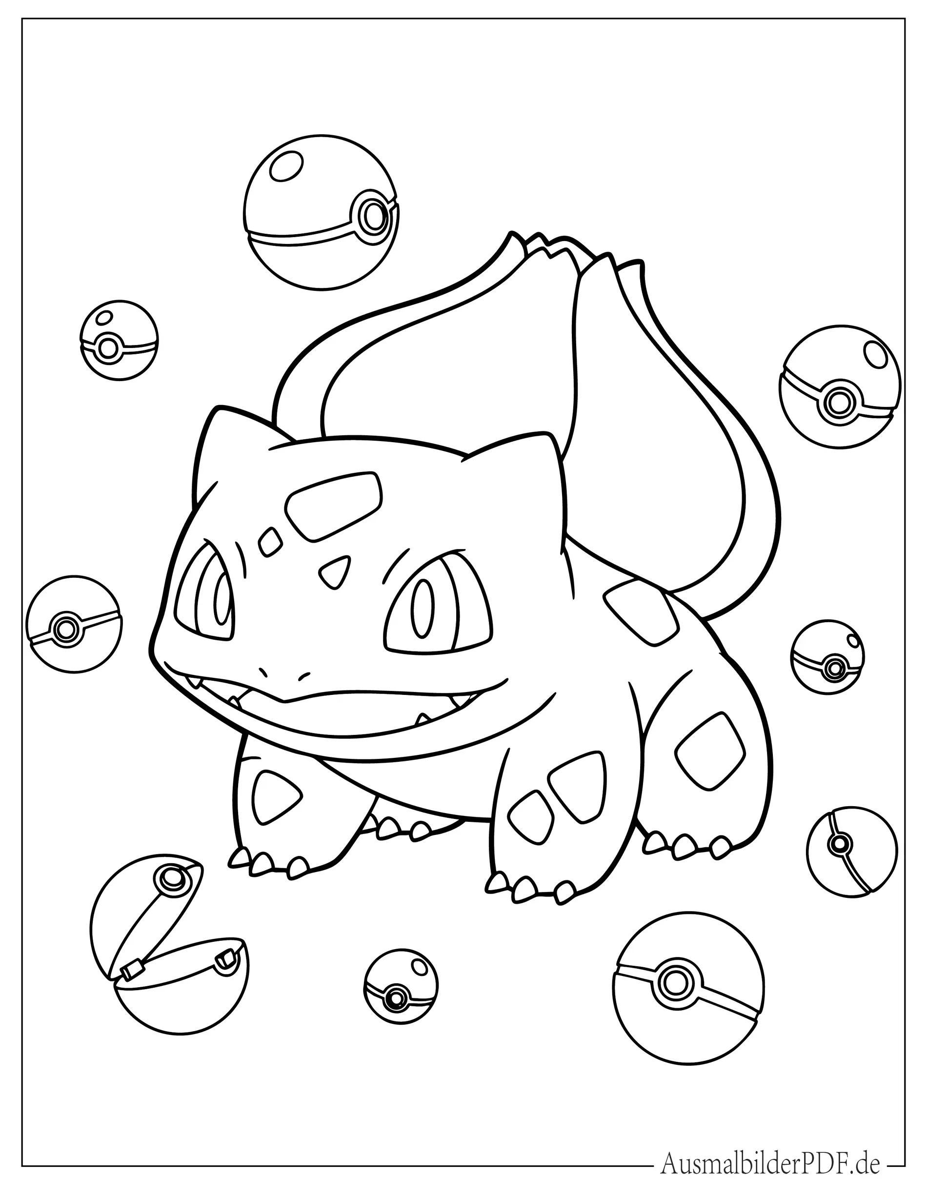 Niedliches Bisasam spielt mit Pokébällen zum Ausmalen für Kinder