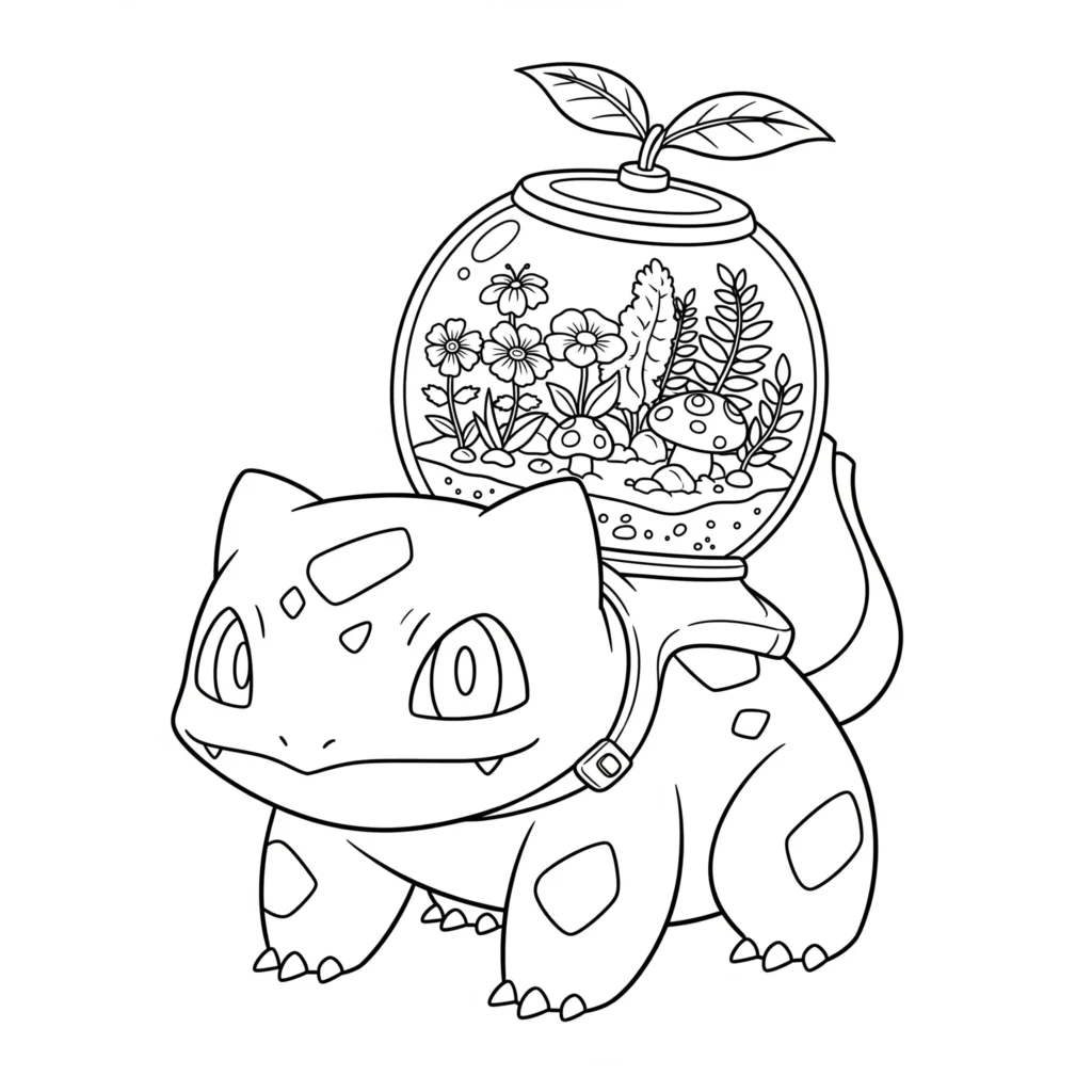 Bisasam trägt ein kleines terrarium auf dem rücken – ein kreatives ausmalbild für kinder und erwachsene als kostenlose pdf-vorlage zum herunterladen