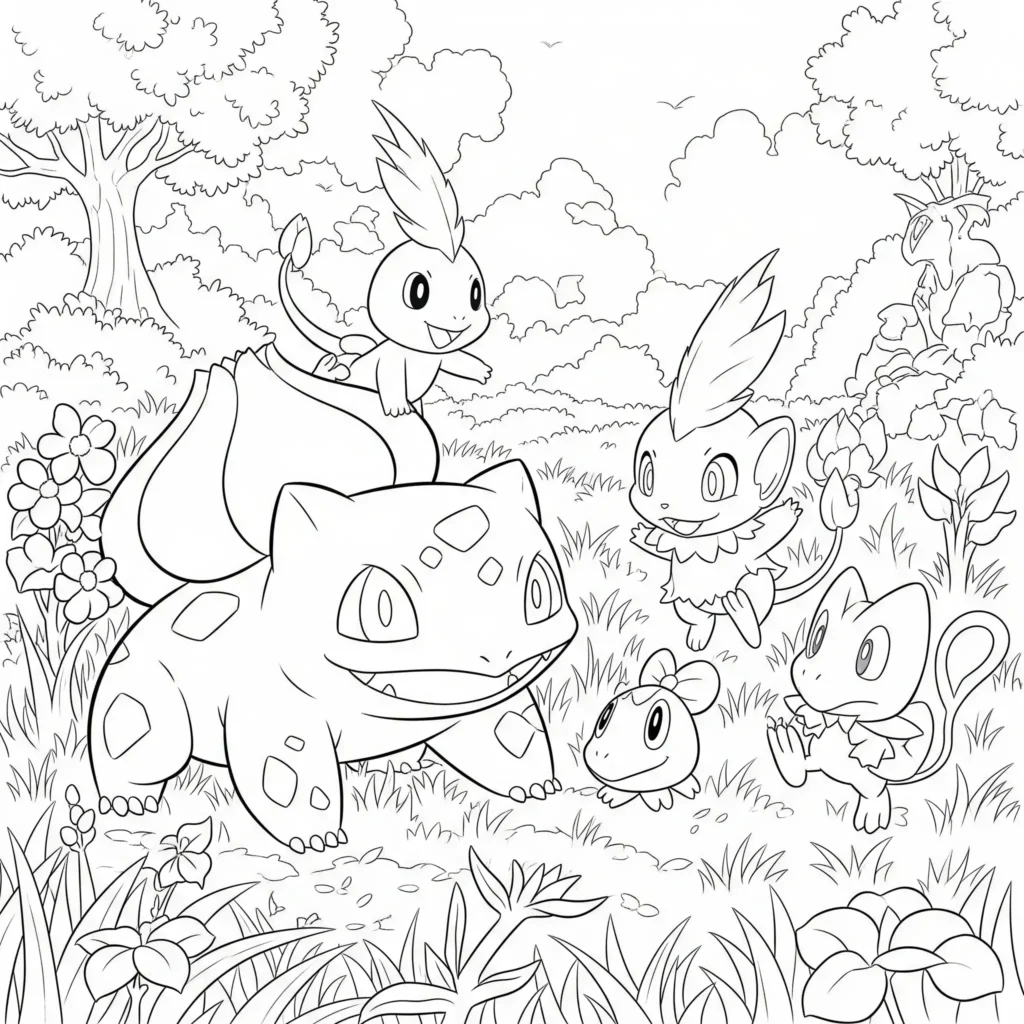 Ausmalbild mit bisasam beim spielen mit anderen pflanzen-pokemon – als pdf zum ausdrucken für kinder, die spaß an mehreren figuren gleichzeitig haben