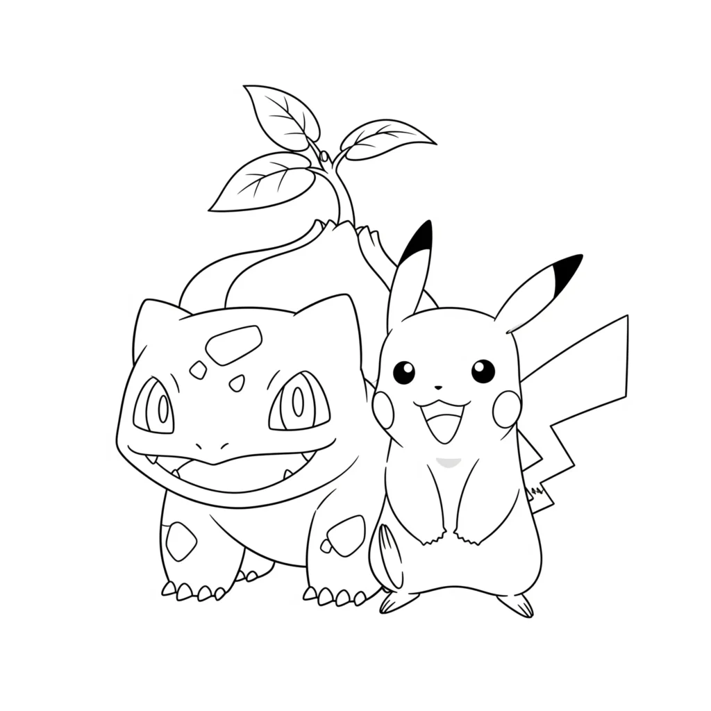 Charmantes ausmalbild mit bisasam und pikachu nebeneinander, ideal als kostenlose pdf-vorlage für kinder, die zwei pokemon auf einmal malen möchten