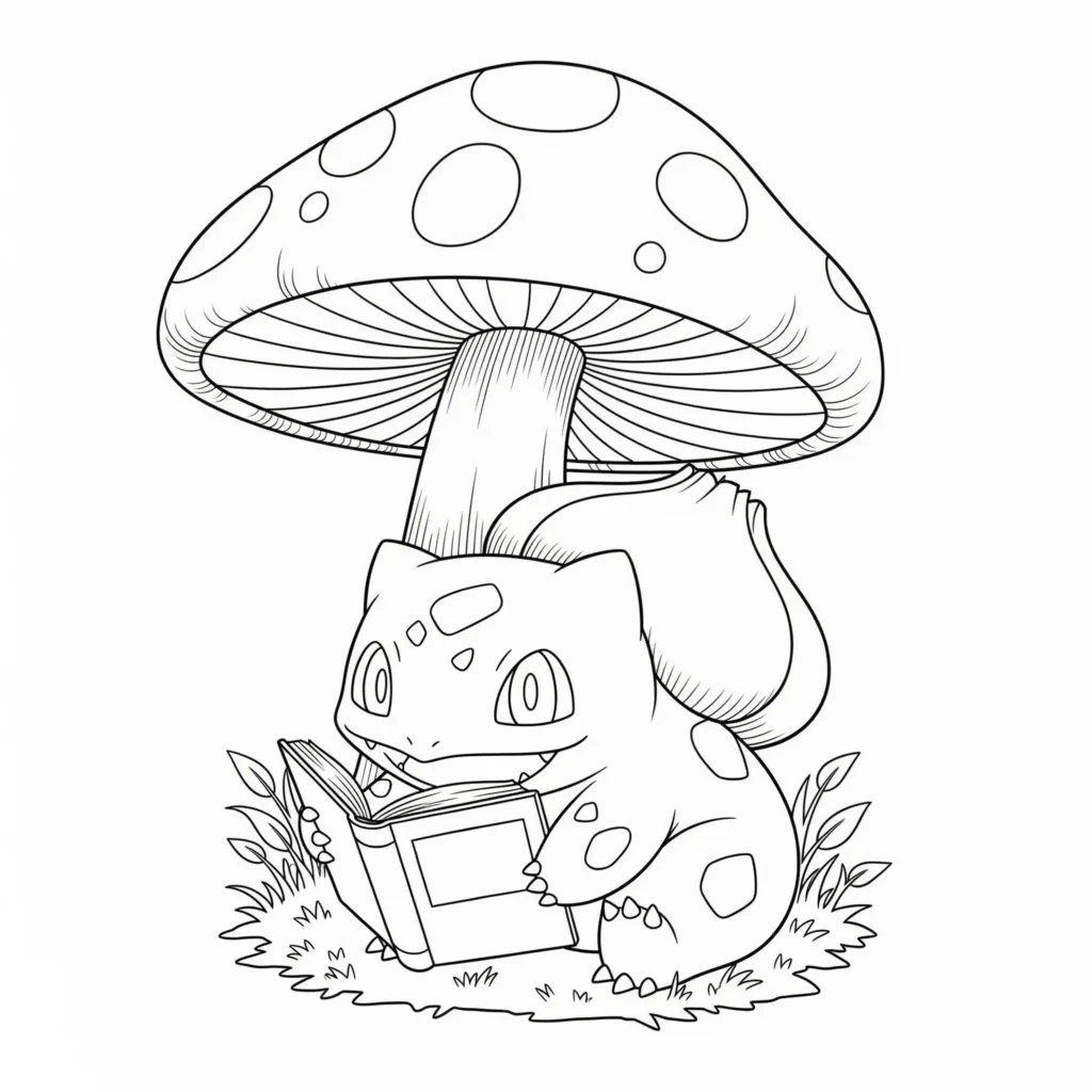 Bisasam liest ein buch unter einem großen pilz – ein ruhiges ausmalbild als pdf zum ausdrucken, ideal für kinder und fans von fantasievollen motiven