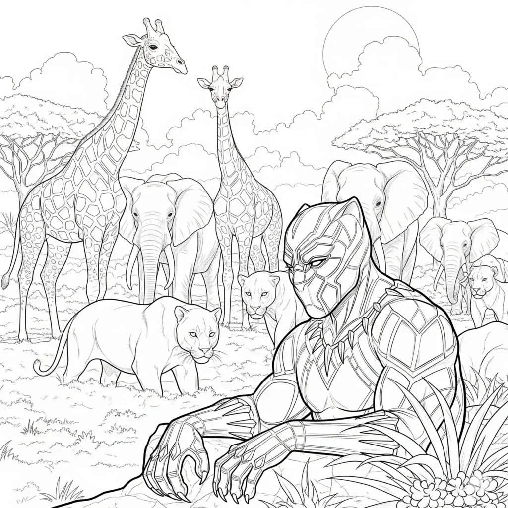 Black Panther Ausmalbild mit afrikanischer Tierwelt zum Ausdrucken für Kinder und Erwachsene zum Ausmalen