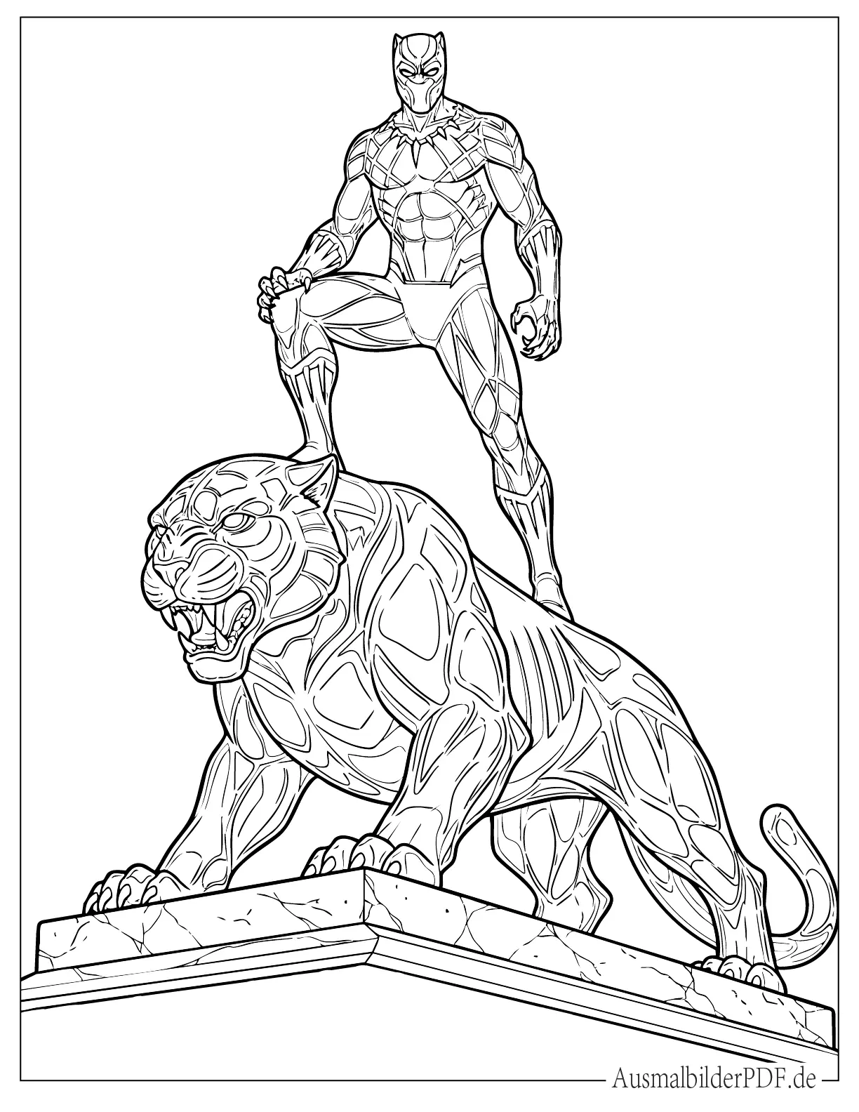 Detailreiche Druckvorlage von Black Panther auf einer großen Panther Statue, ideal für Fans von Marvel Ausmalbildern