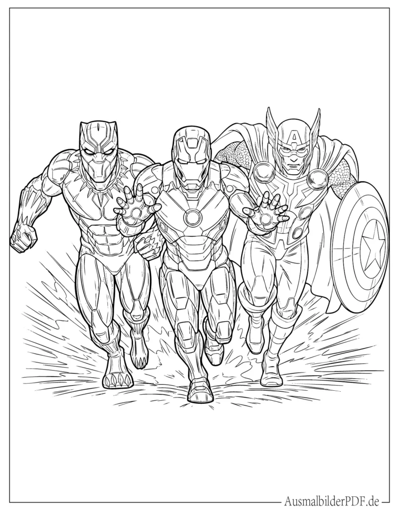 14 Black Panther Ausmalbilder (Gratis Vorlagen zum drucken) Spannende Avengers Szene mit Black Panther, Iron Man und Thor als kreative Ausmalen Vorlage für Superhelden Fans